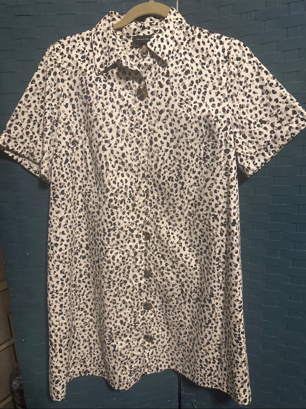 Short-Sleeve Button-Down Shirt dress in Cream Leopard Print by who what wear